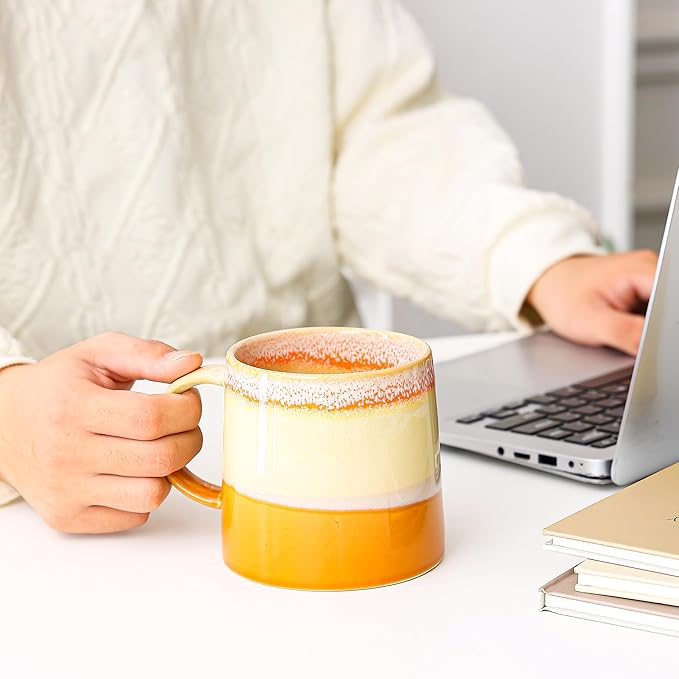 Mkour 20oz Large Ceramic Coffee Mugs, Handmade Cup, Big Tea Cups with Large Handle for Office and Home, Microwave and Dishwasher Safe (Orange)