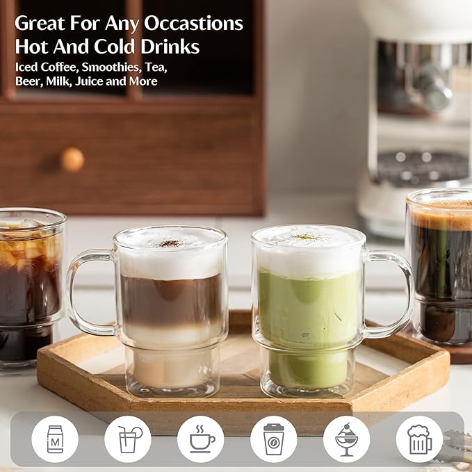 INSETLAN 16oz Double Wall Glass Coffee Mugs Set of 2, Insulated Borosilicate Cups with Handles, Clear Heat Resistant Glasses Mugs for Hot Beverages, Cappuccino, Espresso, Latte, Tea