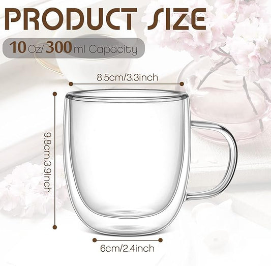 Gerrii Double Walled Glass Coffee Mugs with Handle 10 oz Insulated Borosilicate Glass Cappuccino Mugs Clear Espresso Cups for Home Office Coffee Tea Espresso Latte Milk and Hot Cold Beverages(12 Pack)