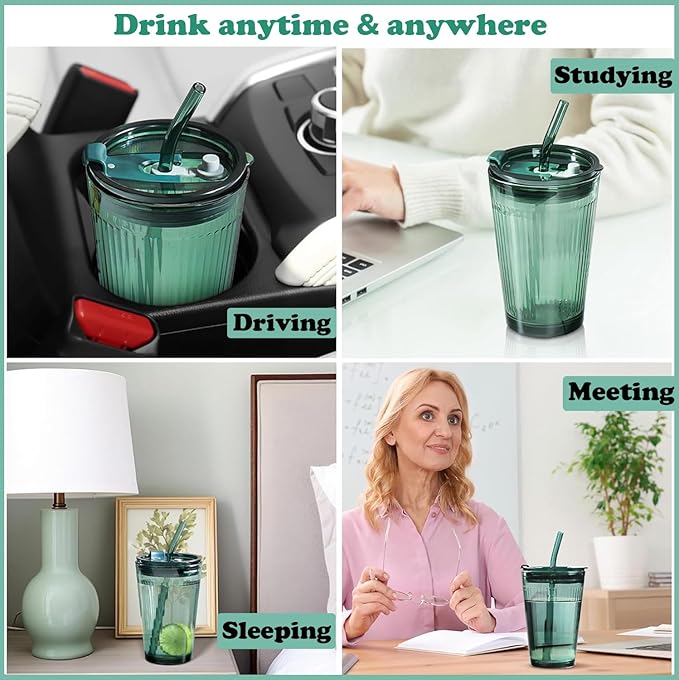 Joeyan Glass Tumbler with Straw and Lid,Green Glasses Water Cup with Straw,Colored Glass Drinking Jars for Juice Beverages Iced Coffee Tea Smoothie Soda Milk,15 oz,Set of 2,Dishwasher Safe
