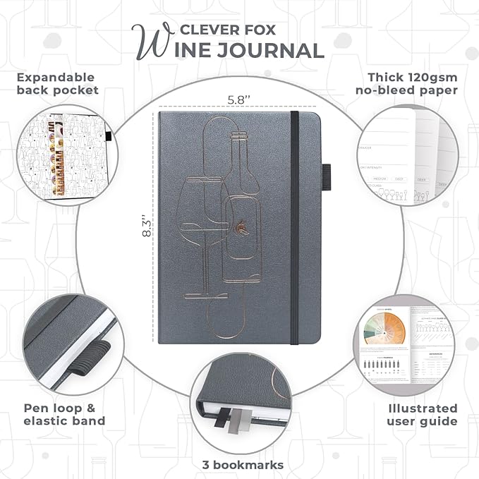 Clever Fox Wine Journal for Wine Tasting – Guided Diary & Log Book with Tasting Instructions, Aroma Wheel, Food Pairing & Glass Guide – 132 Entries, Hardcover, A5 Size (Silver Black)