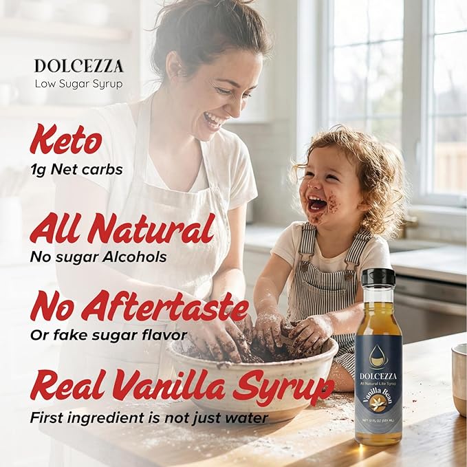 Dolcezza Vanilla Coffee Syrup – Allulose & Monk Fruit, Low Sugar, 45 Servings, 12 fl oz
