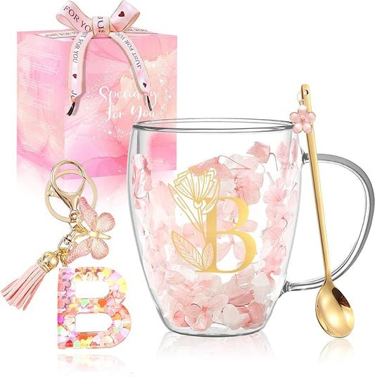 Personalized Gifts for Women Cute Double Wall Glass Coffee Mug Tea Cup with Spoon Customized Birthday Valentine Friendship Christmas Galentines Day Gifts for Women Her Sister Friends BFF Besties (B)