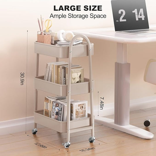 EAGMAK 3 Tier Rolling Cart, Large Metal Storage Cart with Handle and Lockable Wheels, Big Multifunctional Storage Organizer Trolley with Mesh Baskets for Kitchen, Living Room, Office, Garage (Beige)