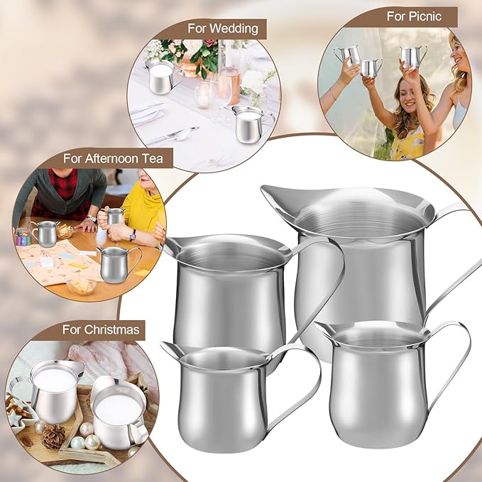 Honeydak 4 Pcs 2, 3, 5, 8 OZ Stainless Steel Bell Creamers Pitcher Mini Cup Container Espresso Shot Frothing for Serving Milk Coffee Cream for Restaurant Cafes Home