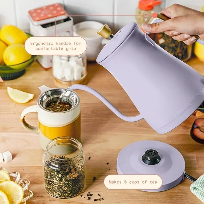 Electric Gooseneck Kettle 1 Liter 1200W, Stainless Steel, Pour Over Coffee Tea, Auto Shut-Off, 360° Cordless Power Base (Lavender)