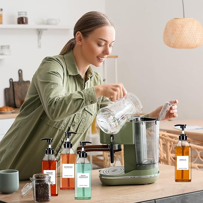 Nuogo 6 Pcs Coffee Syrup Dispenser Set 750ml, 500ml, 300ml, 150ml Pet Black Syrup Bottles with Pump Dispenser 27 Labels for Coffee Bar Kitchen Accessories Portable Travel(16.9 oz,Square)