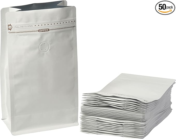 White Kraft Coffee Bags with Side Gusset, Resealable Stand-Up Coffee Pouches with Side Zipper, Degassing Valve for Coffee (Size: 5 x 9.25", 12oz/0.75lb, Pack of 50)