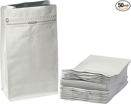 White Kraft Coffee Bags with Side Gusset, Resealable Stand-Up Coffee Pouches with Side Zipper, Degassing Valve for Coffee (Size: 5 x 9.25", 12oz/0.75lb, Pack of 50)