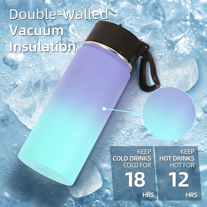 Volhoply 16 OZ Kids Water Bottle Bulk 2 Pack,Insulated Sports Bottles with Straw Lid,Stainless Steel Bottle with Handle Keep Cold & Hot,Double Wall Vacuum Tumbler Cups for School(Purple Blue, 2)