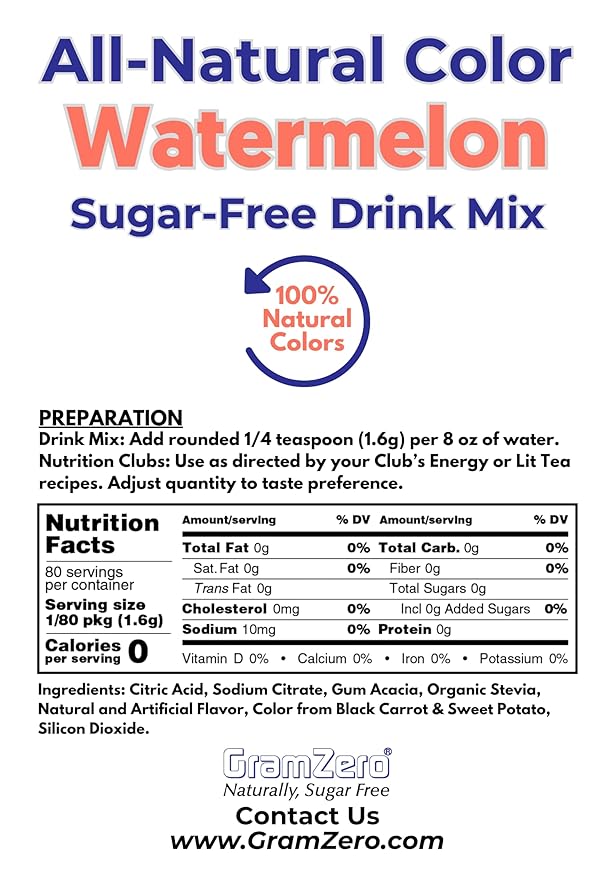 GramZero Watermelon Zero Calorie Sugar Free Drink Mix, Great For Nutrition Club Loaded Teas, Stevia Sweetened