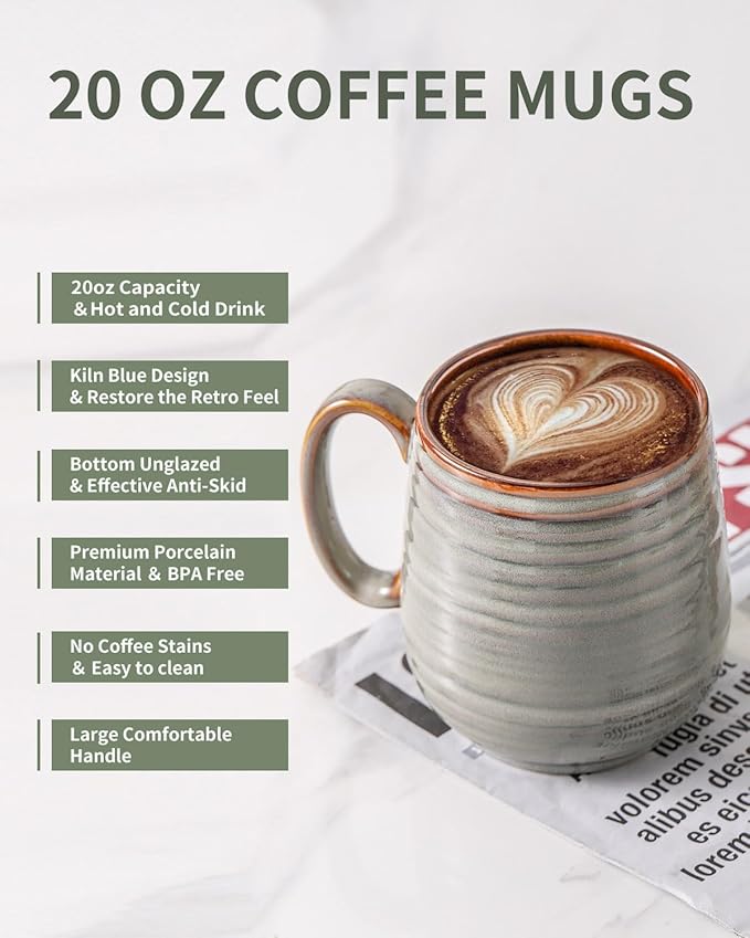 HASENSE Coffee Mug, 20 oz Large Ceramic Latte Cup with Big Handle, Pottery Tea Cup for for Office and Home, Oversized Mug Gift for Dad and Mom, Dishwasher & Microwave Safe, 1 PCS(Grey)