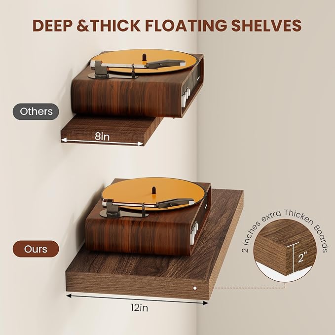 Vivelove 12" Deep Floating Shelves 47.2" Long, Wall Shelves for Living Room Bedroom Bathroom Kitchen Laundry Room, Farmhouse Rustic Shelves for Home Decor, 47.2" X 12" X 2" Set of 2, Rustic Brown