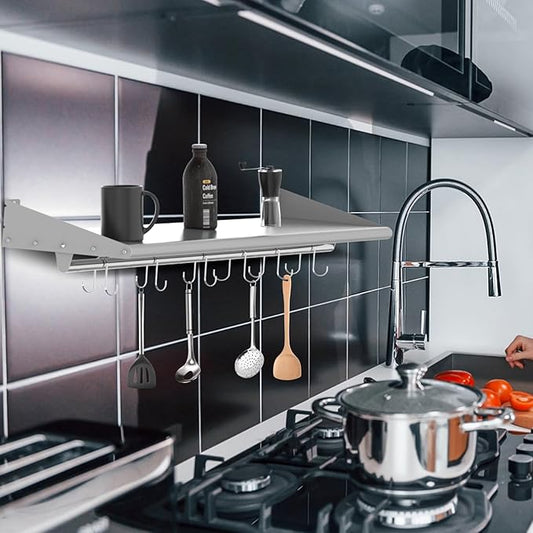 Skyflame 12" x 36" Wall Shelf with 6 Hanging Hooks for Storage, Stainless Steel Commercial Shelving with Side Guards for Bar, Utility Room, Kitchen, Garage