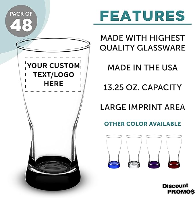 Custom Pilsner Glasses 13.25 oz. Set of 48, Personalized Bulk Pack - Made in the USA, Perfect for Hotels, Restaurants, Bars and Even Part Favors - Black