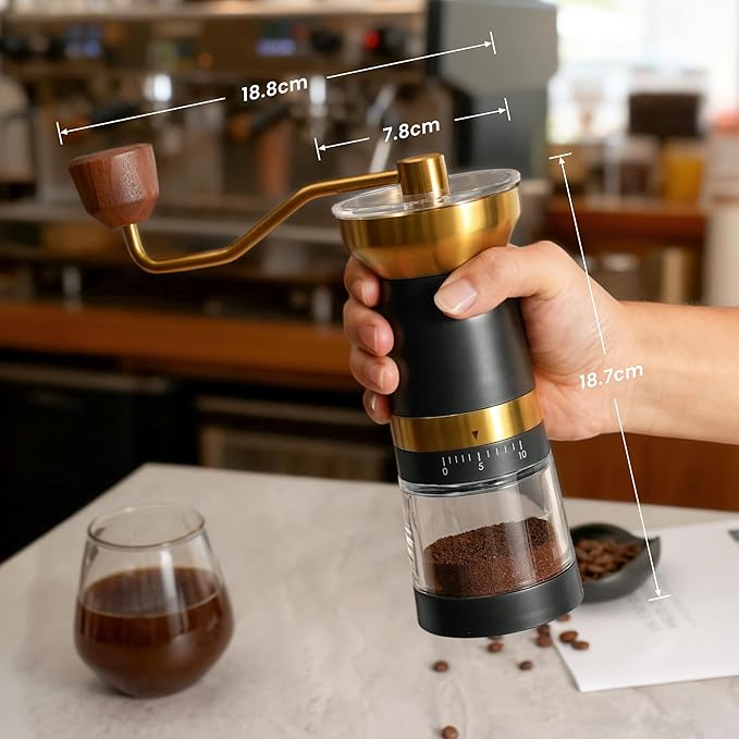 VEVOK CHEF Manual Coffee Grinder 10 External Adjustment Fashion Bean Grinder Stainless Steel Double Bearing Conical Burr Portable Hand Coffee Mill for Home,Camping,Gold