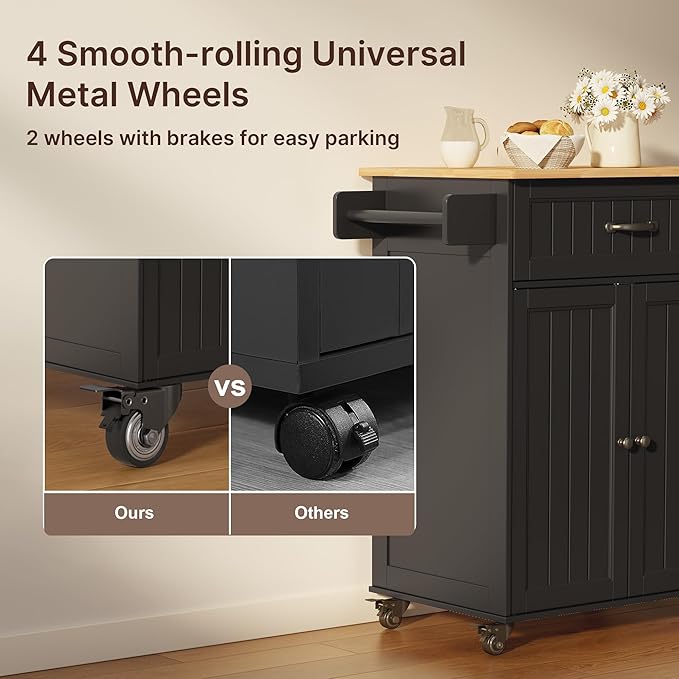 Gizoon Kitchen Island Cart with Rubberwood Top, 33" W Rolling Kitchen Island on Wheels with Adjustable Shelf, Drawer, Spice Rack, Towel Bar, Mobile Storage Cabinet for Dining Room, Home Bar, Black