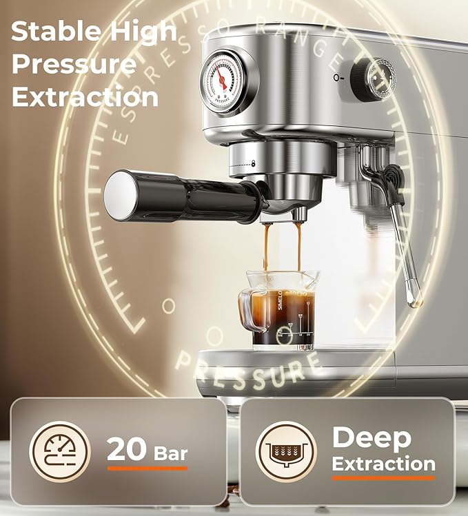 Espresso Machine with Milk Frother, 20 Bar Pressure Espresso Maker, Automatic & Manual, Compact Stainless Steel Coffee Machine for Cappuccino, Latte, Gift for Coffee Lover, Dad or Mom, Silver