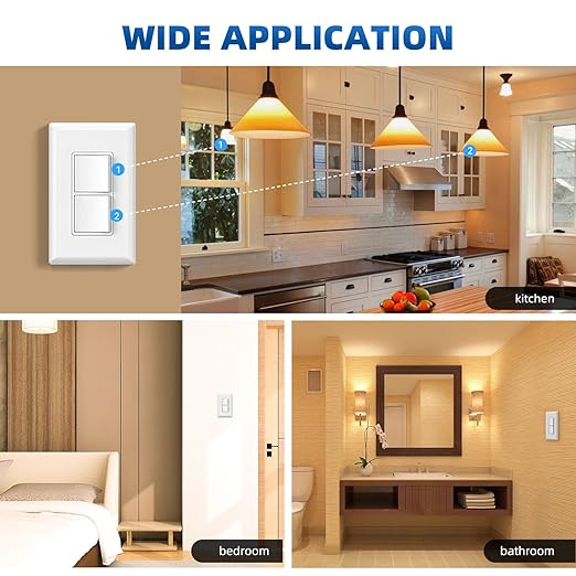 ELEGRP Decorator Double Rocker Light Switch, Two Single Pole Electrical Paddle Switch, 15A 120V, in-Wall On/Off, with Screwless Wall Plate, Self-grounding, UL Listed (2 Pack, Glossy White)