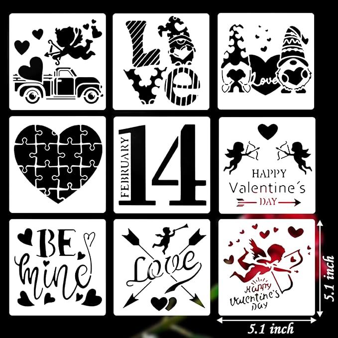 Valentines Day Cake Stencils Kit Reusable Cookie Coffee Stencil Drawing Template for Dessert Buttercream Painting Envelopes DIY Crafts Wall Floor Decor (9 Pcs Love)