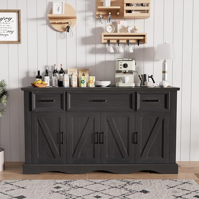 56" Buffet Cabinet with Storage, Farmhouse Sideboard Buffet with 3 Drawers and 4 Doors, Wood Coffee Bar Cabinet with Adjustable Shelves, Sideboard Storage for Kitchen, Living Room, Entryway, Black