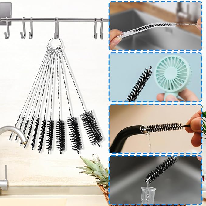 Cleaning Brushes Set, 10 Pieces 8 Inch Nylon Tube Brush + 60 Inch Flexible Long Drain Brush, Hose Pipe Brush, Suitable for Home Kitchen, Bathroom, Fish Tank, Water Pump Accessories (Black)