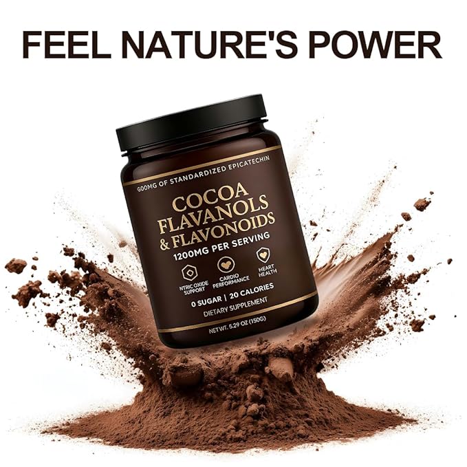 High Flavanol Cocoa Powder – 1200mg Flavanols & Flavonoids per Serving – 10X Concentrated Cocoa Extract with 600mg Epicatechin – Premium Dark Cocoa Nutrition for Daily Use, Gluten Free, Vegan, 5.29 oz (1)