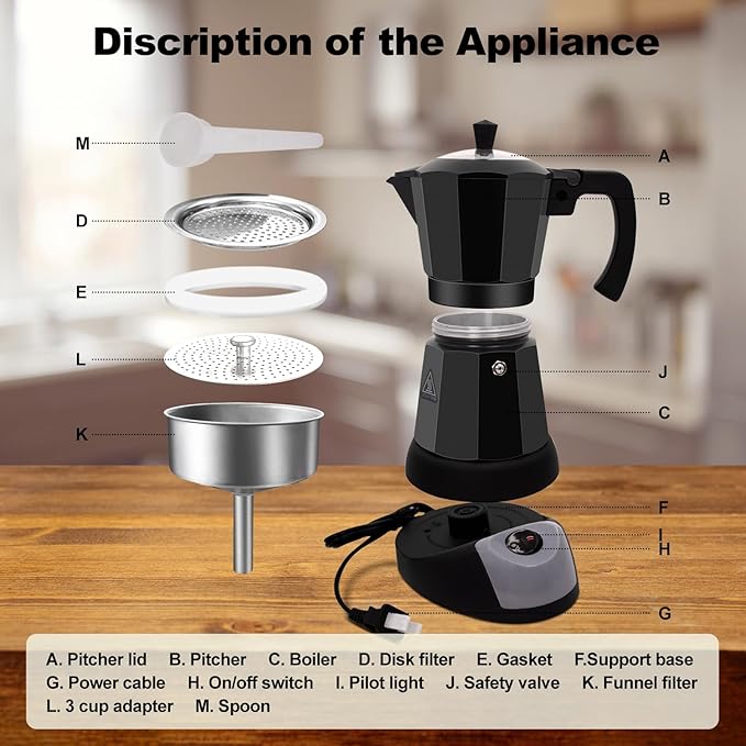 Vaolvpant Electric Aluminum Moka Pot 5-6 Cup 270ml Espresso Maker with Detachable Base Ideal Coffee Makers for Home MochaPot Italian and Cuban Café Coffeemaker Espressomaker CoffeePot Black
