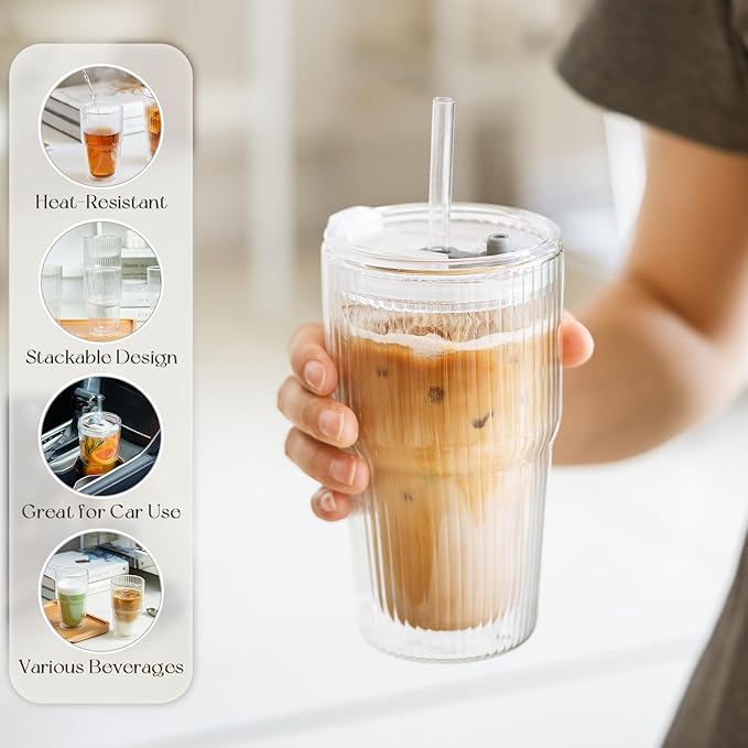 KEMORELA 16oz Ribbed Glass tumbler with Lids and Straws 2pcs,Double Wall Iced Coffee Cups with Lids,Coffee Bar Accessories, Insulated Borosilicate Glass Tumblers, To Go Coffee Cups, Spill proof