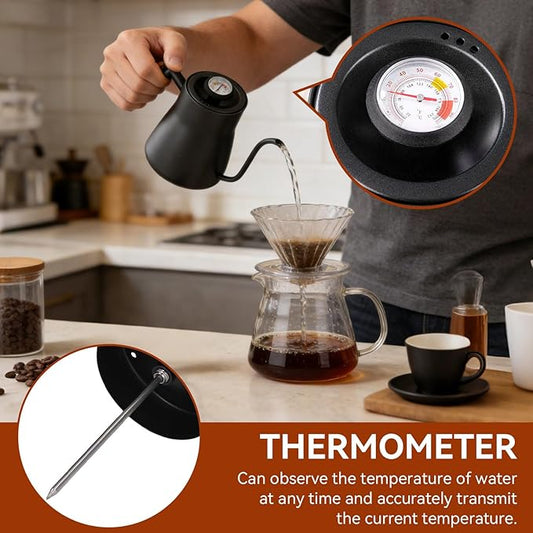 Pour over Coffee Kettle with Thermometer, 850ml Goose Neck Kettle Pot Induction Kettle Stovetop Stainless Steel Gooseneck Kettle with Wood Handle