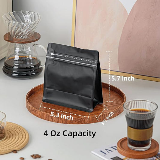 50 Pcs 4oz Black Sqaure Coffee Bean Bags with No-Valve, Easy Tear Open & Repeating Sealed Zipper, Heat-Seal Stand Up & Flat Bottom Tea Bag, 1/4 lb Capacity 5.3x5.7 Inch