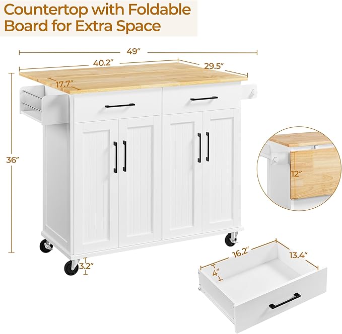 Yaheetech Kitchen Island Cart with Drop Leaf, 49" Rolling Island Table with Storage, Drawer, Kitchen Cart with Rubberwood Top, Detachable Towel & Spice Rack, White