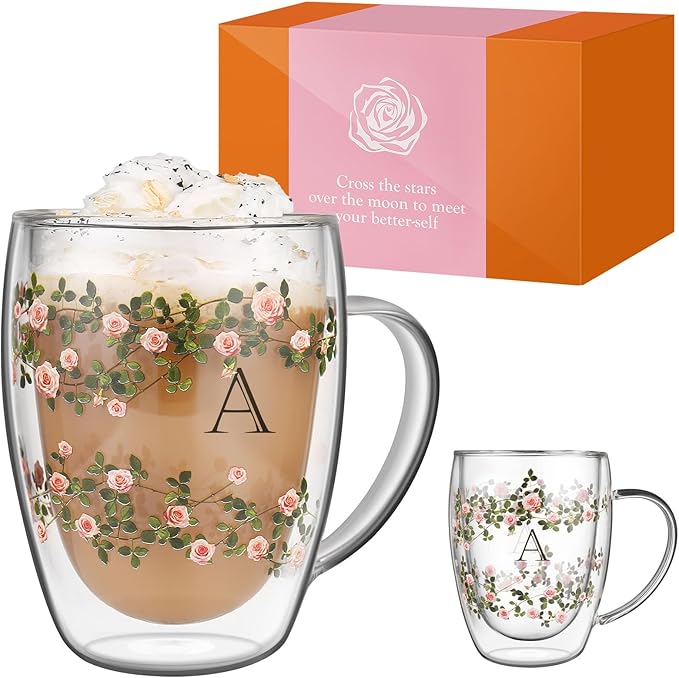 Initial Glass Cup for Women, 12oz Rose Double Walled Glass Coffee Mugs, Personalized Gifts for Women, Initial Coffee Tea Mug with Scarf, Birthday Gifts for Her Mom Friend (ROSE-A)