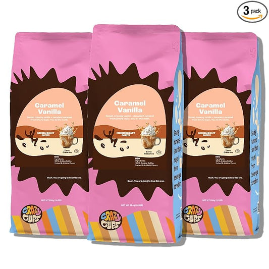 Crazy Cups Flavored Ground Coffee, Caramel Vanilla, in 10 oz Bags, For Brewing Flavored Hot or Iced Coffee, 3 Pack