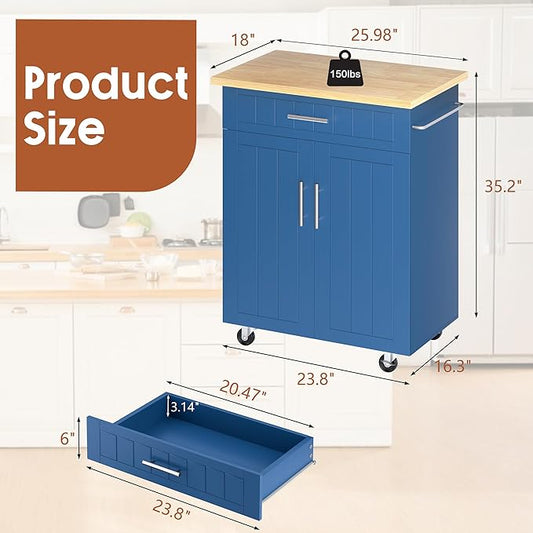 JY QAQA 26" Kitchen Island on Wheels with Storage Cabinet Kitchen Cart Cabinet with Shelves, Cart Handle for Towel Rack or Free Mobility, Portable Islands,Blue