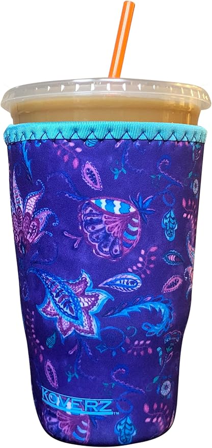 Koverz Iced Coffee Sleeve, Insulated Neoprene Cup Sleeve, Fits a 32 Oz. Coffee Cup, Washable and Reusable, Iced Coffee Accessories, Large Violet Whimsy