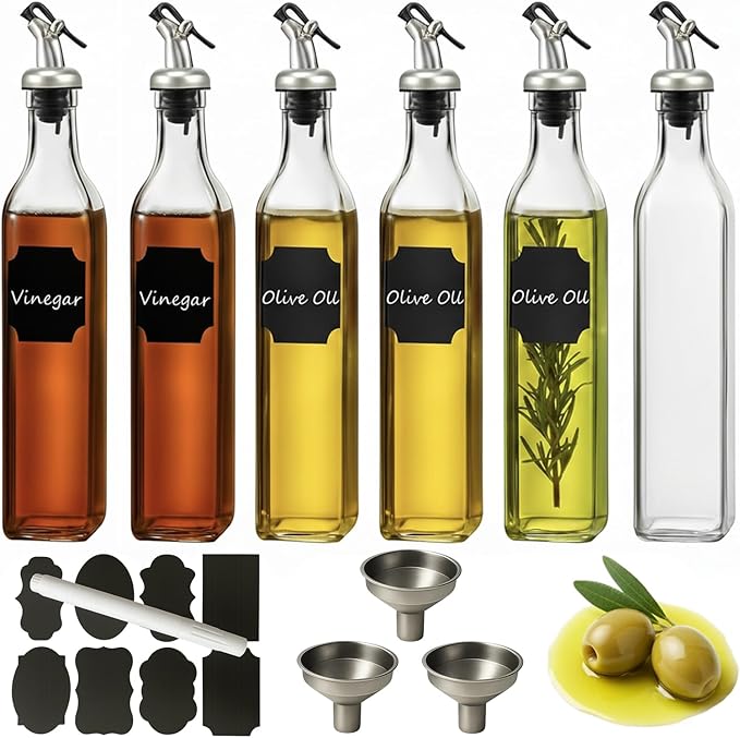 WERTIOO 6 PACK Glass Olive Oil Dispenser Bottle, 17 OZ/500ml Oil Dispenser for Kitchen with 6 Pourer, 3 Stainless Steel Funnel & 1 Pen and 8 Label for Kitchen