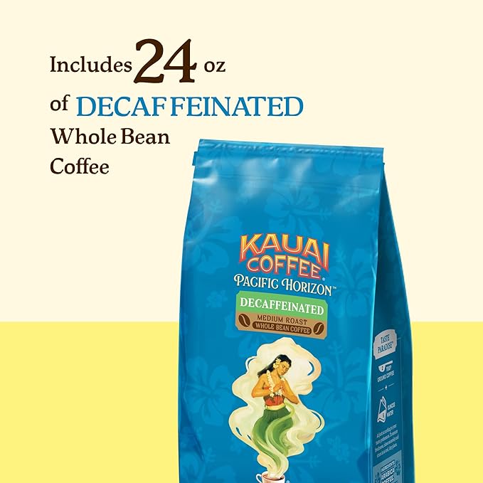 Kauai Coffee Whole Bean Coffee – Smooth, Non-Bitter Medium Roast Pure Arabica – Floral Notes and Bright Aroma – Grown on Hawaii's Largest Coffee Farm – Decaf, 1 Pack of 24oz