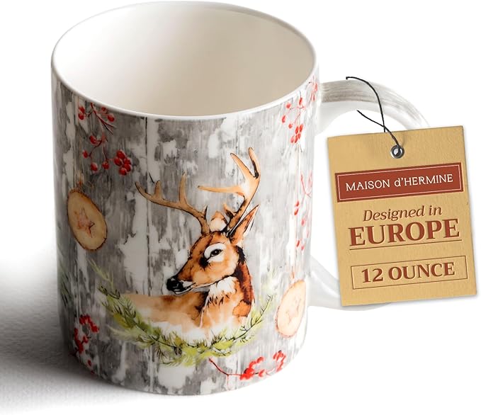 Maison d' Hermine Coffee Mug with Handles Fine Bone China Mugs Pack of One Tea Cups for Hot Beverages Cappuccino Latte Home Restaurant Office Perfect for Gift (Mountain Life - Chalet, 12 Ounce)