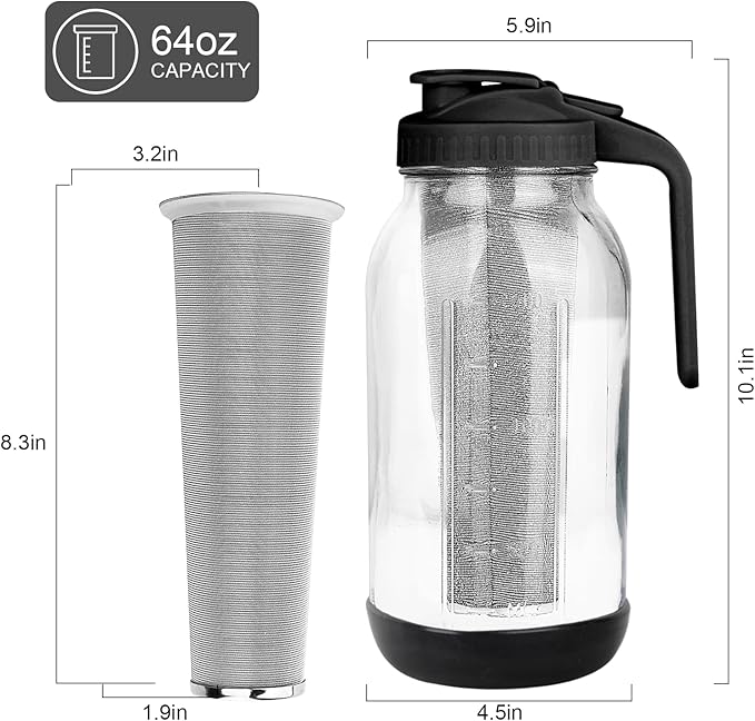 Cold Brew Coffee Maker, 64oz Mason Jar Pitcher with Stainless Steel Filter, Sealed, Leak-Proof Lid with Pour Spout & Handle, Heavy Duty Glass Iced Coffee Tea Brewer with Non-Slip Silicone Base-Black