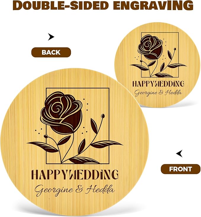 Custom Coasters, Bamboo Coasters Set of 4 Round, 3.7in Laser Engraved Personalized Coaster with Holder, Customized Housewarming Gifts Drink Coaster for Weddings, Bar Home Decor, Coffee Table Decor