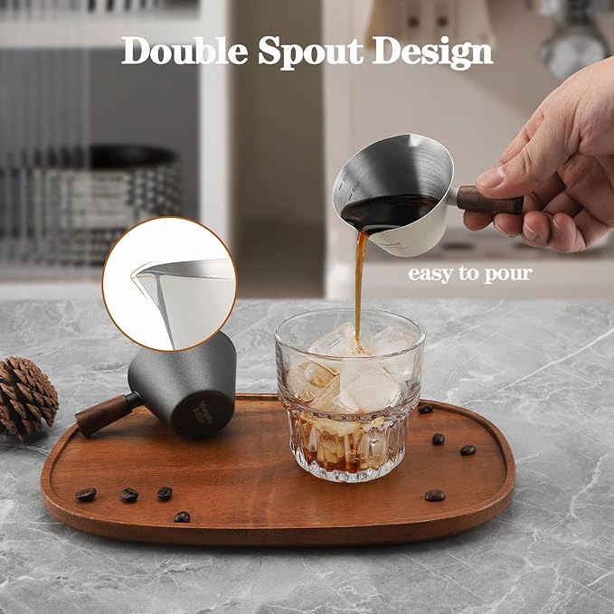 Mongdio Espresso Measuring Cup, Stainless Steel Espresso Shot Cups with Wooden Handle and Double Spouts, 3.4OZ/100ML, Black