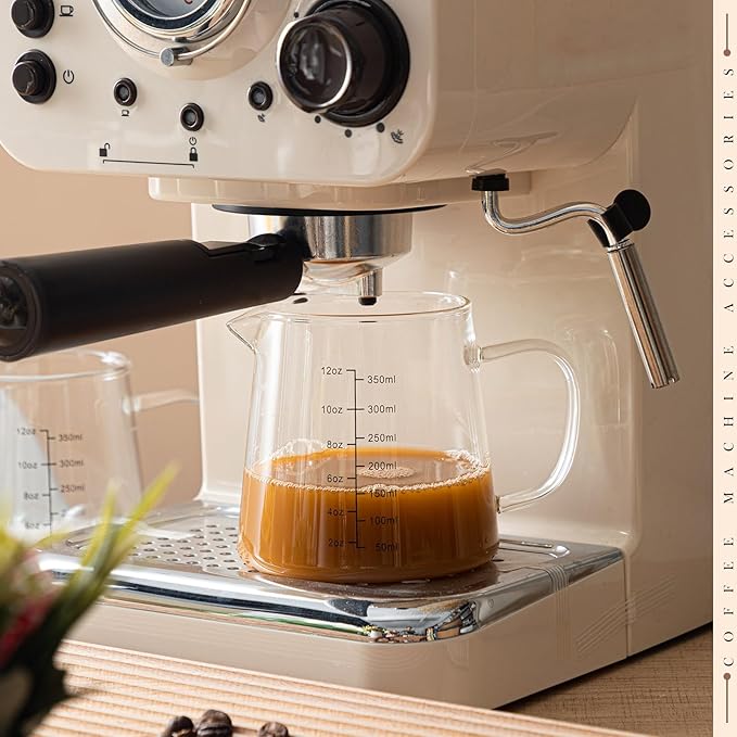 Honeydak 1 Pack 12oz Coffee Measuring Glass Cups Espresso Pitcher Heat Resistant Glass Coffee Measuring Cup Milk Frothing Pitcher Espresso Shot Glasses, Creamer Container, Microwave Dishwasher Safe