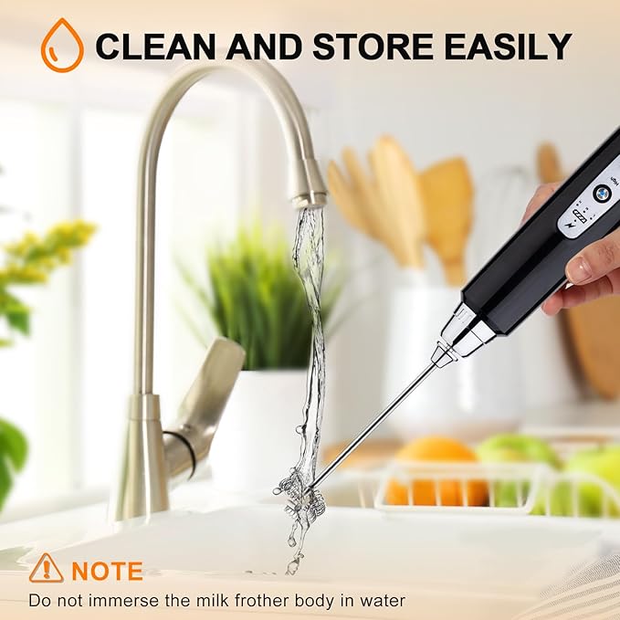 YUSWKO Handheld Milk Frother Wand for Coffee, Rechargeable Electric Whisk with 3 Heads 3 Speeds Drink Mixer Coffee Frother For Latte, Cappuccino, Hot Chocolate, Egg (With Stand, Light Black)