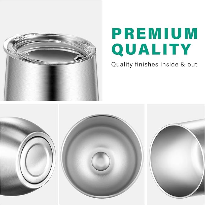 6 Pack Stainless Steel Wine Tumblers 12 oz Insulated Vacuum Wine Cup Set Double Wall Stainless Steel Stemless Mug Glasses for Coffee Soda Whiskey Outdoor Travel (Silver)