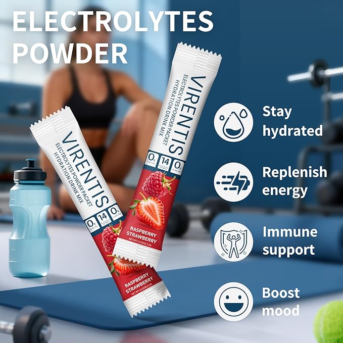 16 Sticks Electrolytes Powder Packets Sugar Free Hydration Packets Liquid Daily IV Electrolyte Drink Mix for Rehydration with 8 Electrolytes & 6 Vitamins, Low Sodium, Raspberry Strawberry