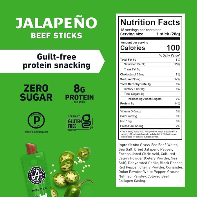 Archer Jerky Beef Jerky Sticks Jalapeno - Grass Fed Beef Sticks Individually Wrapped, Bulk Snack Packs, Gluten Free, Paleo, Keto, Sugar Free - 1 oz (Pack of 36)