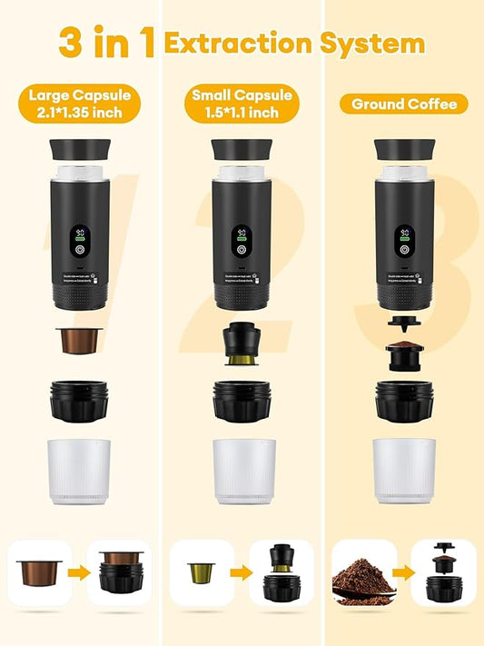 Upgraded 3 in1 Portable Espresso Machine with LED Display,20 Bar Pressure,Real-Time Temp&Battery Indicator,Portable Coffee Maker Compatible with Ground Coffee & Capsules, for Travel,Home & Office