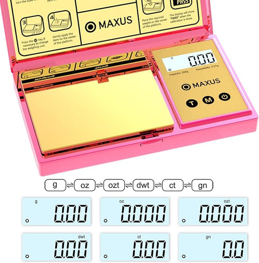 MAXUS Digital Gram Scale with 200g x 0.01g Capacity, Stylish Pink Plated Shining Cover and Platform, Mini Pocket Scale for Food and Jewelry