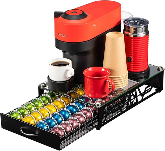 ZCDCP Pod Holder - Modern Sleek Black Metal Capsule Organizer for Nespresso Pod Storage Glass Top, Stylish Coffee Machine Stand for Coffee Bar, Office or Home Kitchen(40 Pods Capacity)
